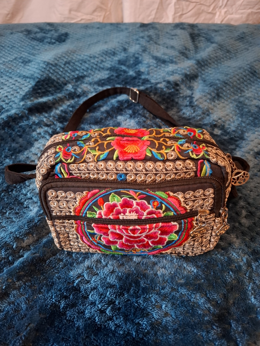 Embroidered Floral Crossbody Bag in Black with Multicolor Accents
